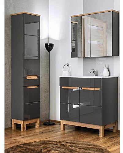Lomadox Badmöbel Set 3-teilig 80 cm mit Hochglanz Fronten, Waschtischunterschrank inkl. Keramik Waschbecken, Hochschrank und Spiegelschrank