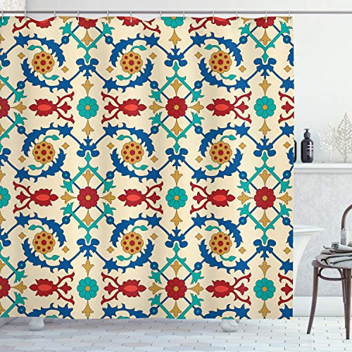 ABAKUHAUS Bunt Duschvorhang, Barock Floral, Stoffliches Gewebe Badezimmerdekorationsset mit Haken, 175 x 180 cm, Mehrfarbig Beige