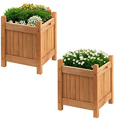 GEEZY Square Wooden Garden Planters Set of 2 - Weather Resistant, Easy Assembly, Carry Handles, Outdoor Flower Pots - Raised Wooden Bed for Growing Flowers, Vegetables, Plants, Herbs
