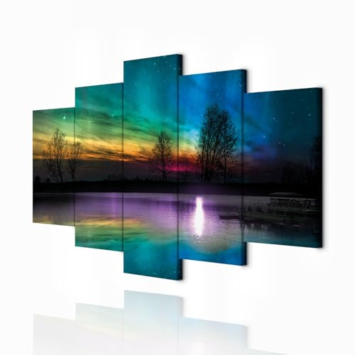 decomonkey Wandbilder Polarlicht 100x50 cm 5 Teilig Leinwandbilder Wanddeko | Bild auf Leinwand, Kunstdruck, Wohnzimmer, Wanddekoration, Landschaft, Nordlicht, Natur