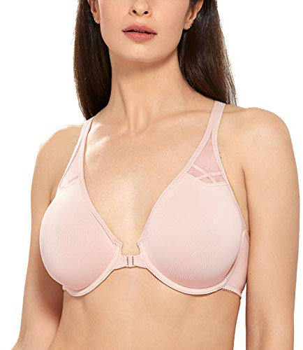 Delimira Women's Front Fastening Bras Underwire Unlined Racerback Plus Size Bra Gentle Rose 34D