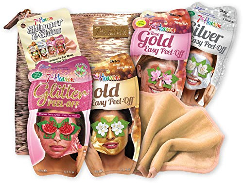 7th Heaven Shimmer & Shine Gift Set with 4 Peel Off Face Masks - Includes a Rose Gold Metallic Cosmetic Bag and a Blush Cleansing Face Cloth