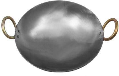 Bhuvika Traditional Iron Kadhai Deep Bottom Fry Pan/Frying Kadai Handmade Loha Lokhand with Golden Handle 10 INCH Kadhai 25.4 cm (Cast Iron, Non-Stick)