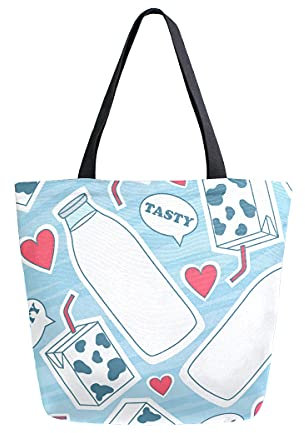 COZYhome Große Segeltuch-Handtasche Süße Milchflaschen Box Love Tote Taschen Wiederverwendbare Einkaufen Lebensmittel Tasche Schultertasche Geldbörse für Frauen Arbeit Schule