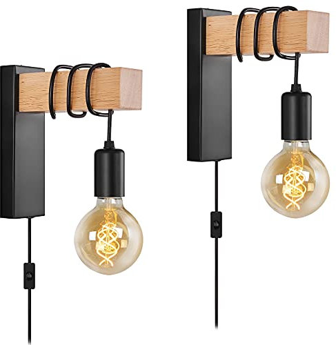 Set di 2 applique da parete con spina nera, E27, lampada da parete per camera da letto, comodino, casa colonica e lettura, con interruttore in legno moderno, con cavo a spina (coppia)