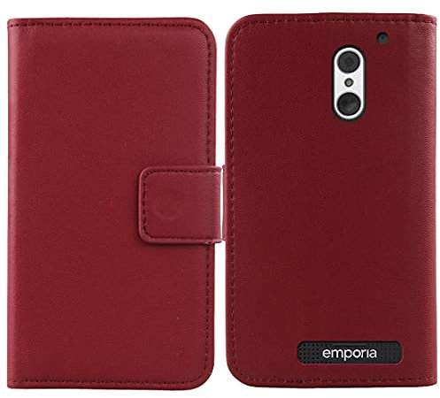 Mengtu Echt Leder Tasche Für Emporia SMART.4 / SMART.S4 5 Hülle Handy Flip Lederhülle Handyhülle Brieftasche Kartenfächer Schutz Premium Case Cover Etui (Dark Rot)