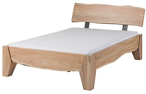 MASSIVMOEBEL24.DE | Pure Acacia massives Holzbett #313 - Natur lackiert | aus Akazien-Holz | mit gewinkeltem Kopfteil | mit Beinen | 160cmx200cm | Massivholzbett Doppelbett