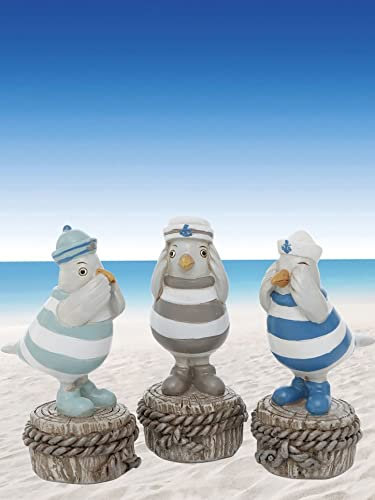 Pommerntraum ® | 3-ER Set! WohnDekoration Dekorationsfiguren Kantenhocker 3 Möwen Seemöwen Vögel - Nichts HÖREN Nichts Sagen Nichts SEHEN … (Möwen auf Poller dreifarbig)