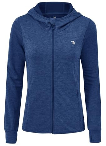donhobo Damen Laufjacke Kapuzenjacke Langarm Sportjacke Leicht Trainingsjacke Full Zip Atmungsaktive Fitness Sweatjacke mit Daumenloch und Seitentasche (Blau, XL)