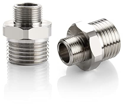 1/2 auf 3/8 Reduzierstück Wasserhahn-Adapter – Kompressions-Messingrohrverschraubung, 3/8 Stecker auf 1/2 Stecker, Wasserschlauchanschluss mit Gummi-Unterlegscheibe, (2 Stück)