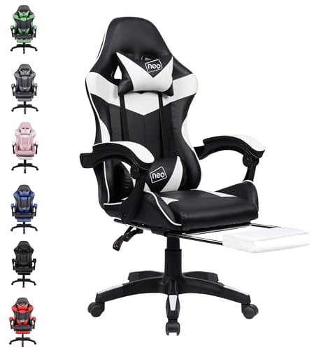 Neo Executive PU Leather Massage Sport Racing Gaming Home Office Computer Chair Lumbar Back Support Footrest (White)