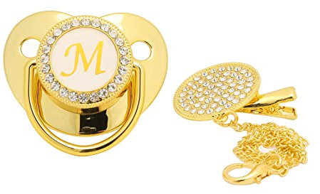 Goldener Baby Schnuller, Gebogenes Design, 26 Buchstaben, Sichere Materialien, Gesunder Bling Baby Schnuller mit Clips für 6 Bis 18 Monate(M)