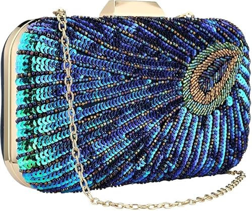 BWKUNOLF Abend-Clutch mit Perlen und Pailletten, Pfau, Party, Hochzeit, Geldbörse, 20,1 x 11,7 x 4,8 cm