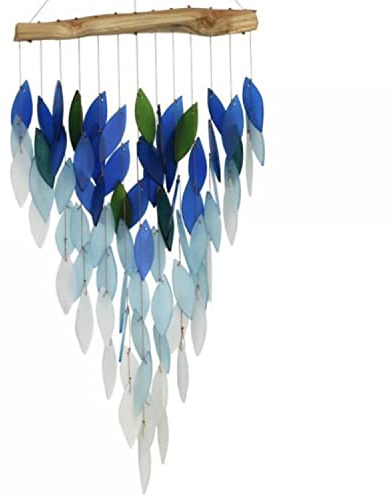 Blue Handworks Deluxe Ocean Ombre Wasserfall- und Treibholz-Windspiel, sandgestrahltes Glas und Fundholz, handgefertigt