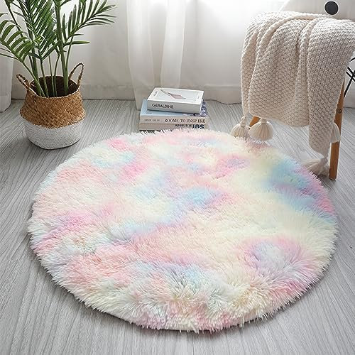 Nyescasa Hochflor Teppich Rund - Langflor Modern Flauschig Weich für Wohnzimmer, Kinderzimmer, Schlafzimmer, Flur - Regenbogen Shaggy Läufer Innen 100cm