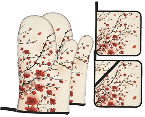 Japanische Ofenhandschuhe und Topflappen, Frühlingsblumen, 4-teiliges Set, hitzebeständig, für Grillen, Kochen, Mikrowelle, leicht zu reinigen