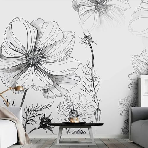 KoKoty Papier Peint Soie Panoramique Fleurs de croquis noir et blanc dessinées à la main-350 x 260 cm-Papier Peint Soie Poster Décoration Fond De Mur Tv Salon Papier Peint Murales