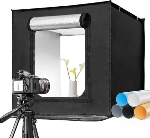 EMART Fotobox 50x50cm, Dimmbare Fotostudio Set mit 5 Produktfotokulissen und 3 Farben Licht, für Lebensmittel Schmuck Produktfotografie