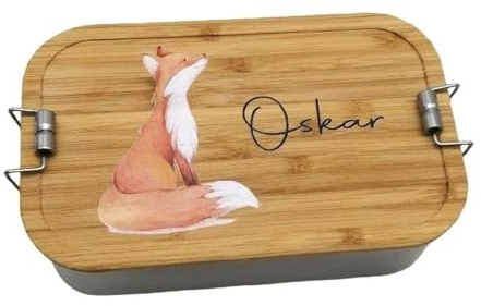 Tenii® Brotdose personalisiert aus Edelstahl mit Bambus Deckel Fuchs, Trennsteg, Lunchbox (nur Brotdose)