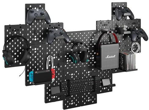 PEGZONE Plastic Controller and Headphone Holder Wall Mount Rack, 14pcs, Black - Gaming Accessories Organization
