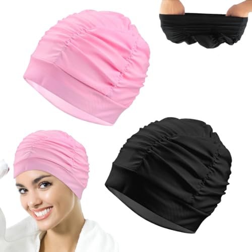 CAREDGO 2 Cuffie da Nuoto per Capelli Lunghi Cappello da Nuoto in Fibra di Poliestere Elastica Cuffie da Piscina Donna per Adulti per Piscina Spa (Rosa e Nero)