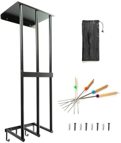 Bagulet Camping Chair Wall Storage for Garage, Metal Rack Organizer with Floating Shelf and 4 Utility Hooks, Stainless Steel Mount Holder System for Umbrella Yoga Mat Folding Beach Seats, Black