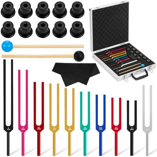 Fiada Stimmgabel-Set, Chakra-Stimmgabel, mehrere Hz, Stimmgabeln zur Heilung, mit Aluminiumbox, Stimmgabelhammer und Reinigungstuch für Klang-Yoga, Meditation (174 Hz - 963 Hz)