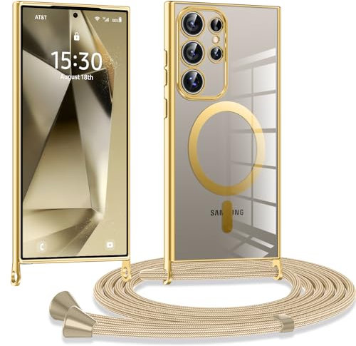 Kokio Coque pour Samsung Galaxy S24 Ultra 5G avec Cordon, Etui à Transparente Housse Compatible avec MagSafe, Doux TPU Protection Coque pour avec Bandoulière Lanière Réglable Collier, Or