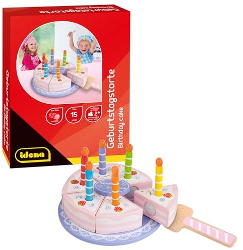 Idena 40262 - Geburtstagstorte aus Holz, Geburtstagskuchen für Spielküche und Kaufmannsladen, für Kinder ab 2 Jahre, ca. 15 x 15 x 8,5 cm groß