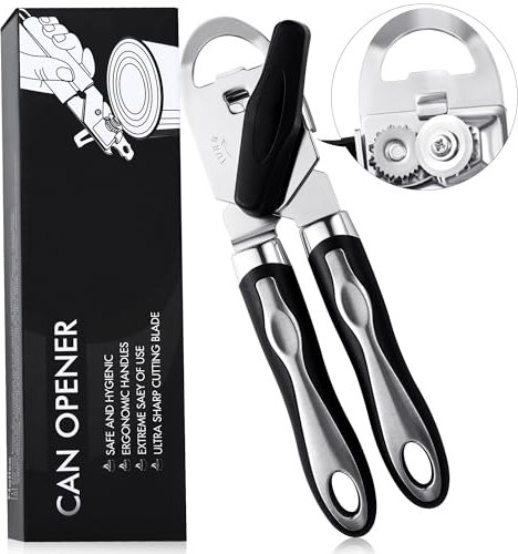 WUFANC Abrelatas manual, 3 en 1 de acero inoxidable con mango antideslizante y pomo ergonómico, fácil de abrir las latas, sin bordes afilados, un abrebotellas ideal para personas mayores