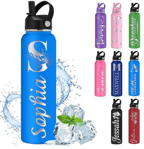 MiNaSii Custom Initial Water Bottle Personalised Water Bottles with Straw Lid Name Engraved Insulated Stainless Steel Bottles for School 12 18 24 32 40 oz