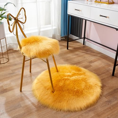 Faux Lammfell Schaffell Teppich,Rund Hochflor Fluffy Teppich Plüsch Wohnzimmer Dicker Teppich,Kunstfell Teppich, Weicher und Flauschiger Teppich Wohnzimmer,Teppich Rund (Goldene Orange,100cm)
