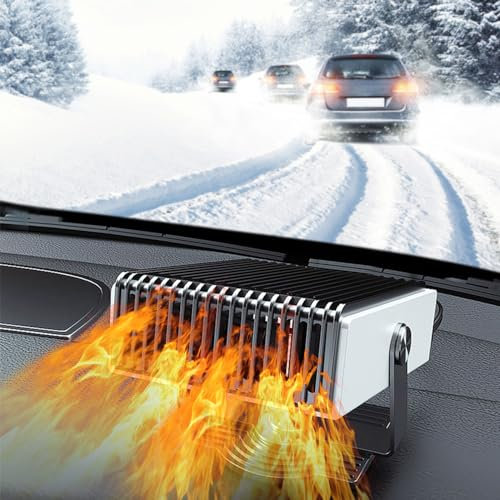Riloer 12V Car Heater 150-300W Car Fan Heater, Portable 2-in-1 Fast Heating and Cooling Fan Windshield Defroster with Handle and Cigarette Lighter White Car heaters for winter