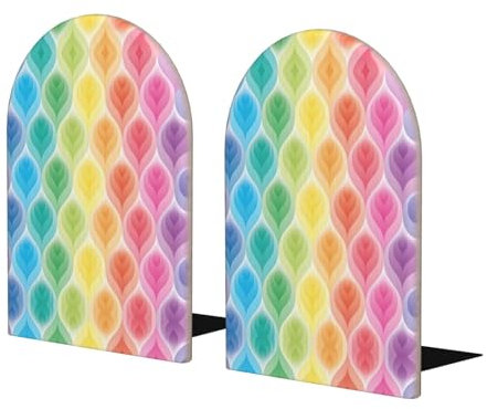 1 paire de serre-livres en bois à motif de feuilles dégradées de couleurs arc-en-ciel pour étagères, serre-livres résistants pour bureau, maison