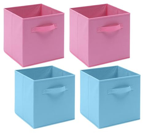 Homullel Foldable Storage Cube Boxes Set of 4, Storage Unit Box with Handle/Eyelet, Collapsible Storage Bins Organiser for Shelf Closet Organization (With Handle, Pink+Blue)