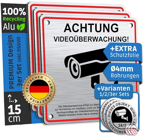 SCHILDERBOXX® 3er Set Schild Videoüberwachung Privatgrundstück [12x12cm, 100% Alu, 3M Tape, 4x Bohrlöcher] - Aufkleber Video Überwachung, Grundstück Kameraüberwacht, Achtung Kameraüberwachung