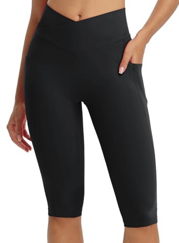 baleaf Damen Yoga Capri Leggings mit Taschen Sport Leggings High Waist Knielange Yogahose Kurze Radlerleggings Slim Fit Gym Casual Sommer Schwarz XL