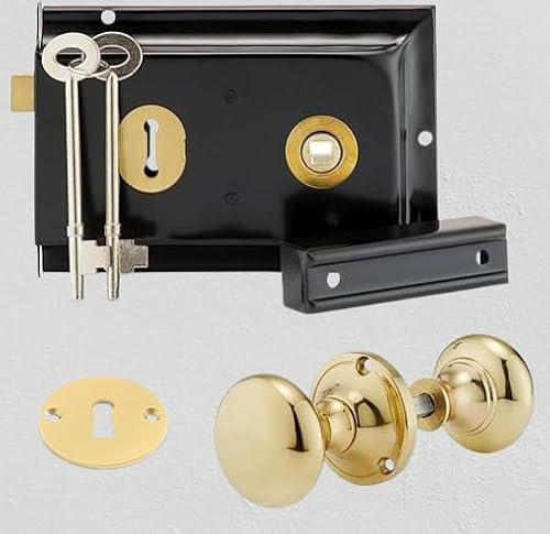 Euroart Deluxe 6;x4 Brass Rim Lock Set with Polished Brass Knob,Surfac Mounted Door Lock with Latch, Shed Lock with Key, Vintage Gate Lock for Outdoor Sheds, Gates, or Doors. (Black/Brass)
