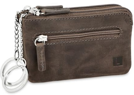 LEDEROW - XXL Schlüsseletui Leder Grau Damen und Herren [3 separate Fächer] Reißverschluss - Schlüsseltasche Schlüsselmäppchen groß echtleder für Schlüssel Autoschlüssel (Hunter Grau)