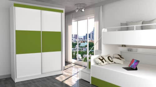 Armoire moderne verte à portes coulissantes pour chambre à coucher et salon avec étagères sur rail pour jeunes, largeur 200 cm