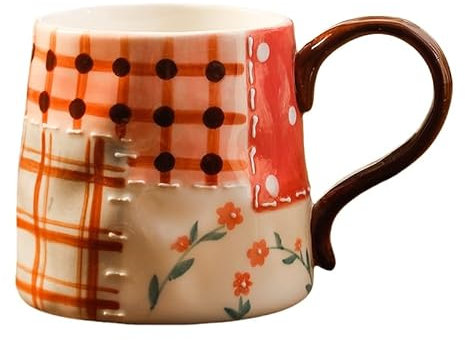 Keninll Ceramic Mug, Cute Painted 450ml with Handle, Milk Coffee Hot Tea Breakfast Cups red