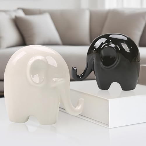 Deko Elefant Statue Ein Paar, Wohnzimmer Deko Modern Elefant Figur, Elefanten Dekoration Dekofigur, Tischdeko Dekoartikel für Wohnzimmer Schlafzimmer Bad Küche Büro Bücherregal Flur (Schwarz+Weiß)