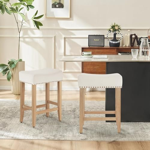 Ckaff Barhocker 2er Set, 65.5cm Hoch Barstuhl Küchenstuhl aus Leinen,Schminkstuhl Esszimmerstuhl Badhocker Bürohocker Tresenhocker mit Fußstütze für Küche, Wohnzimmer, Esszimmer, Beige
