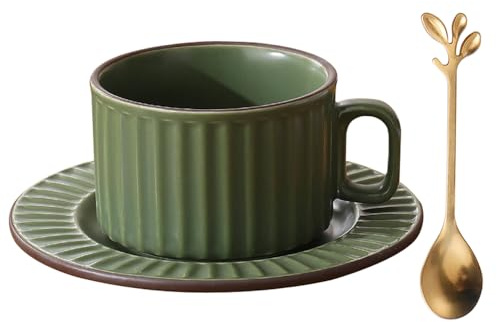 All-Pie Ceramic Cappuccino Cups with Saucers and Spoon,Coffee,Tea Cup - 250 ml/8.8 oz, Matte Retro (Green)