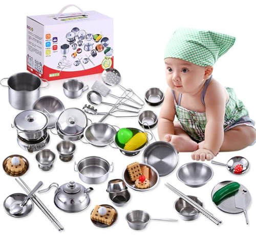 Pots and Pans Kids Playset, Kids Pots and Pans Playset, 25PCS Stainless Steel Toddler Kitchen Set, Safe Educational Reusable Kitchen Accessories for Holiday, Birthday Gifts