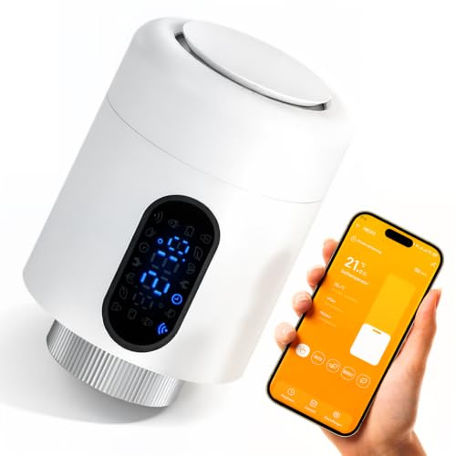 Ollewiellan Heizkörperthermostat, Boost- & Eco-Modus, Weiß, 1 Stück | Flammhemmendes PC/ABS, 2,4-GHz-WLAN ohne Hub, Smart Life/Tuya App, 5-35 °C, Wochenprogramm, Kindersicherung, 7 Ventiladapter