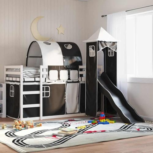 Mandloder Etagenbett mit Rutsche, Massivholz Kiefer, Weiß, 80x200 cm, Kinderbett mit Vorhängen, Spielturm, Rausfallschutz, Jugendbett, stabil