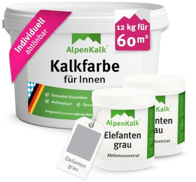 AlpenKalk Elefanten-Grau Kalkfarbe für Innenräume I 12 kg inkl. 2 Dosen Pigmente für ca. 65m² I Atmungsaktiv & Anti-Schimmel Formel für ein natürliches Raumklima I Für Allergiker & Kinder