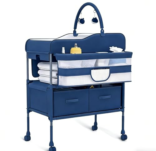 Höhenverstellbarer Wickeltisch Klappbar, Mobiler Wickeltisch Mit Rädern & 2 Schubladen, Wasserdichte Wickelauflage, Praktische Wickelkommode Mit Stauraum