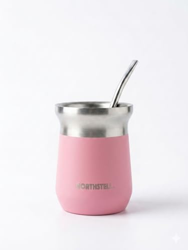 Northsteel Mate Argentino con Bombilla Incluida – Vaso Mate Moderno de Acero | Diseño Elegante y Portátil | Ideal para Mate Tradicional en Casa o Fuera (rosa)